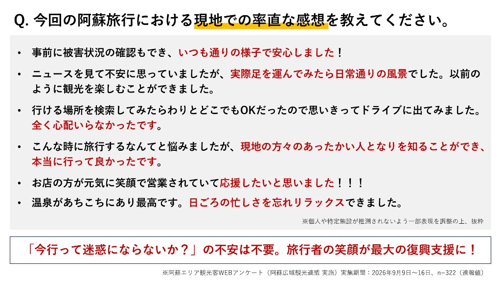 旅行者アンケート：現地での率直な感想（旅行者の声）